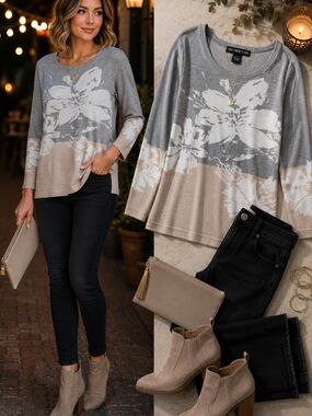 Two Twenty Five Floral Sweater Medium Gray Beige Knit Tunic Quiet Luxury
